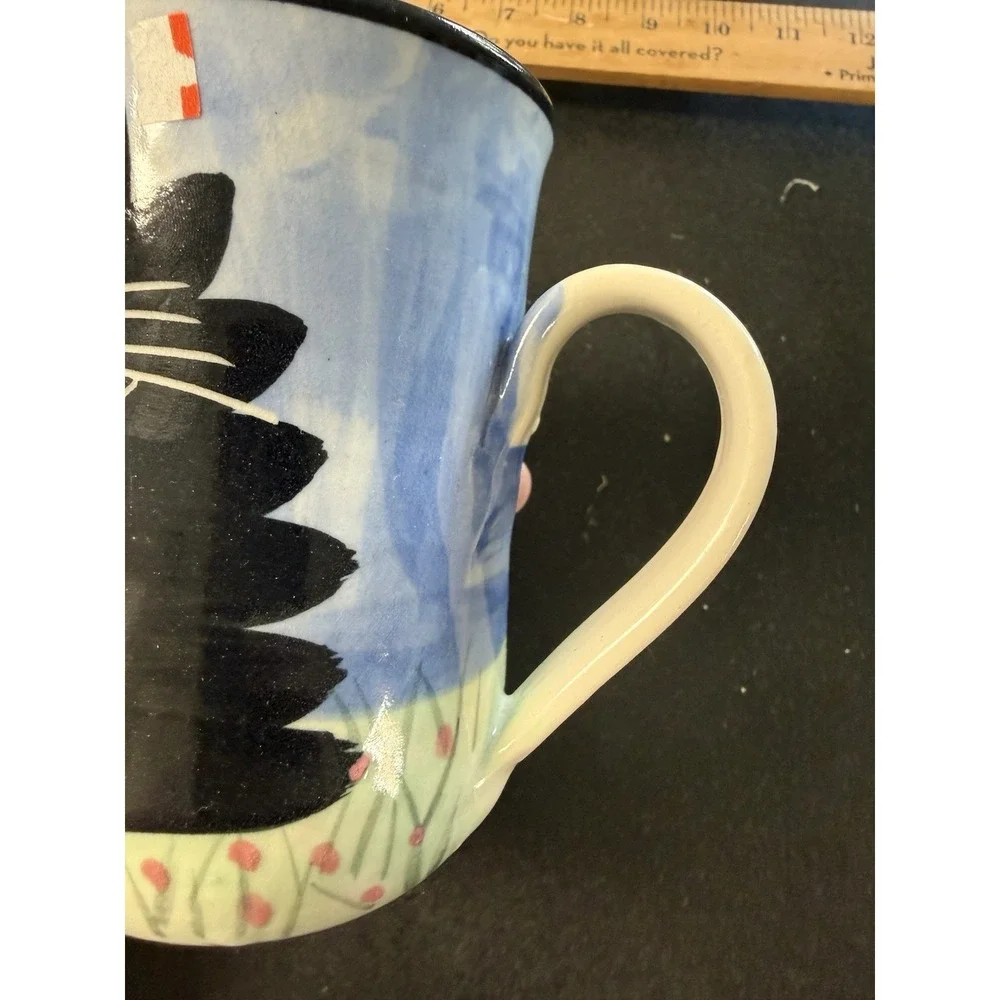 Handmade Black Cat Wall Hanging & Cat Mug Pottery Halloween Folk Art Set